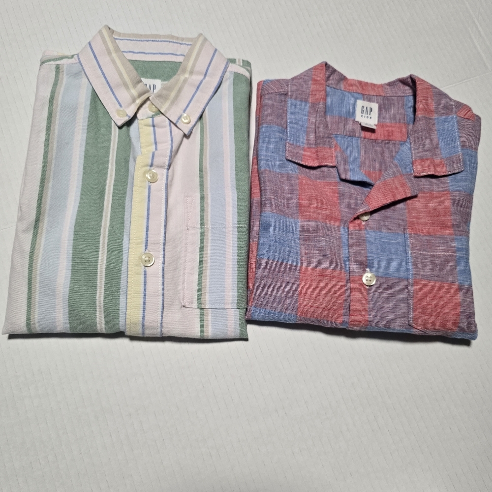 GAP Youtg Boys' Size 7 Striped and Plaid Cotton Shirt Set - Green and Red Bundle - Picture 1 of 14